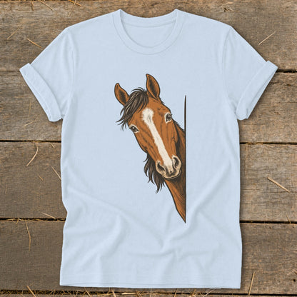 Light blue t-shirt with a brown horse peeking from the right edge.