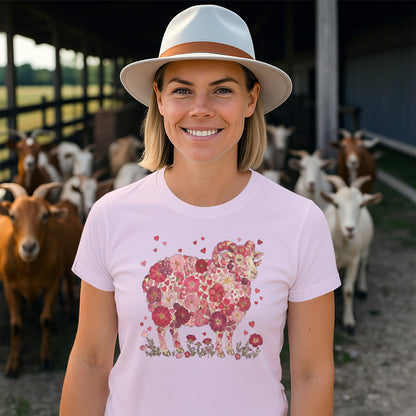 Floral Sheep Print Pink T-shirt with Goat Design