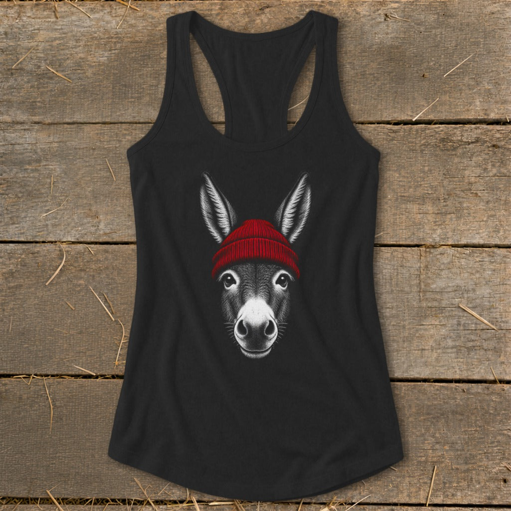 Black racerback tank top with a white donkey illustration wearing a red beanie.
