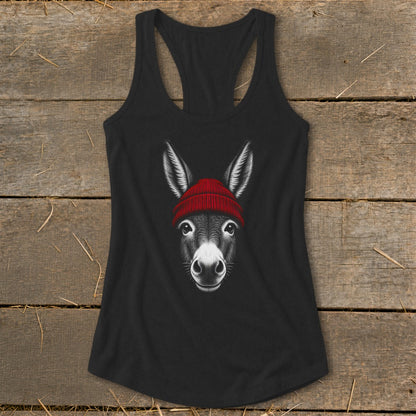 Black racerback tank top with a white donkey illustration wearing a red beanie.