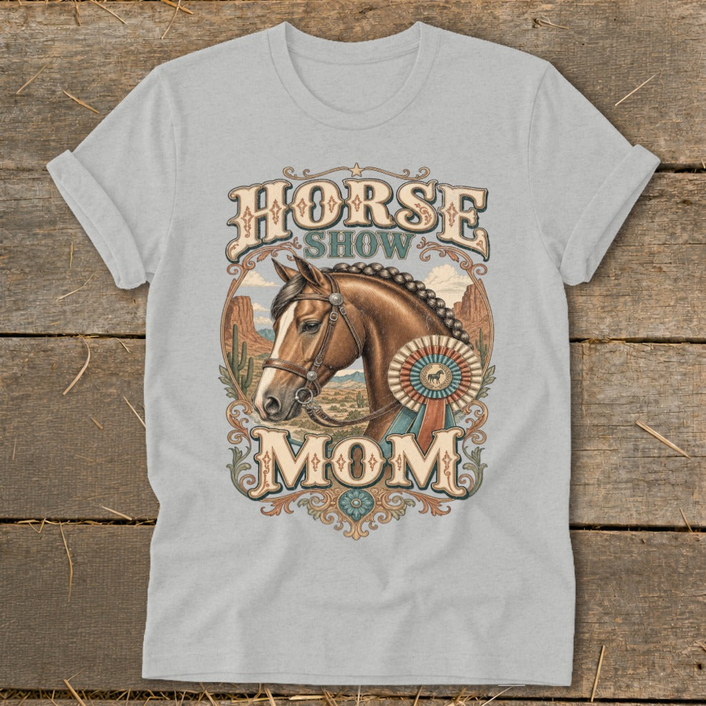 "Horse Show Mom" text above a horse's head and award ribbon.