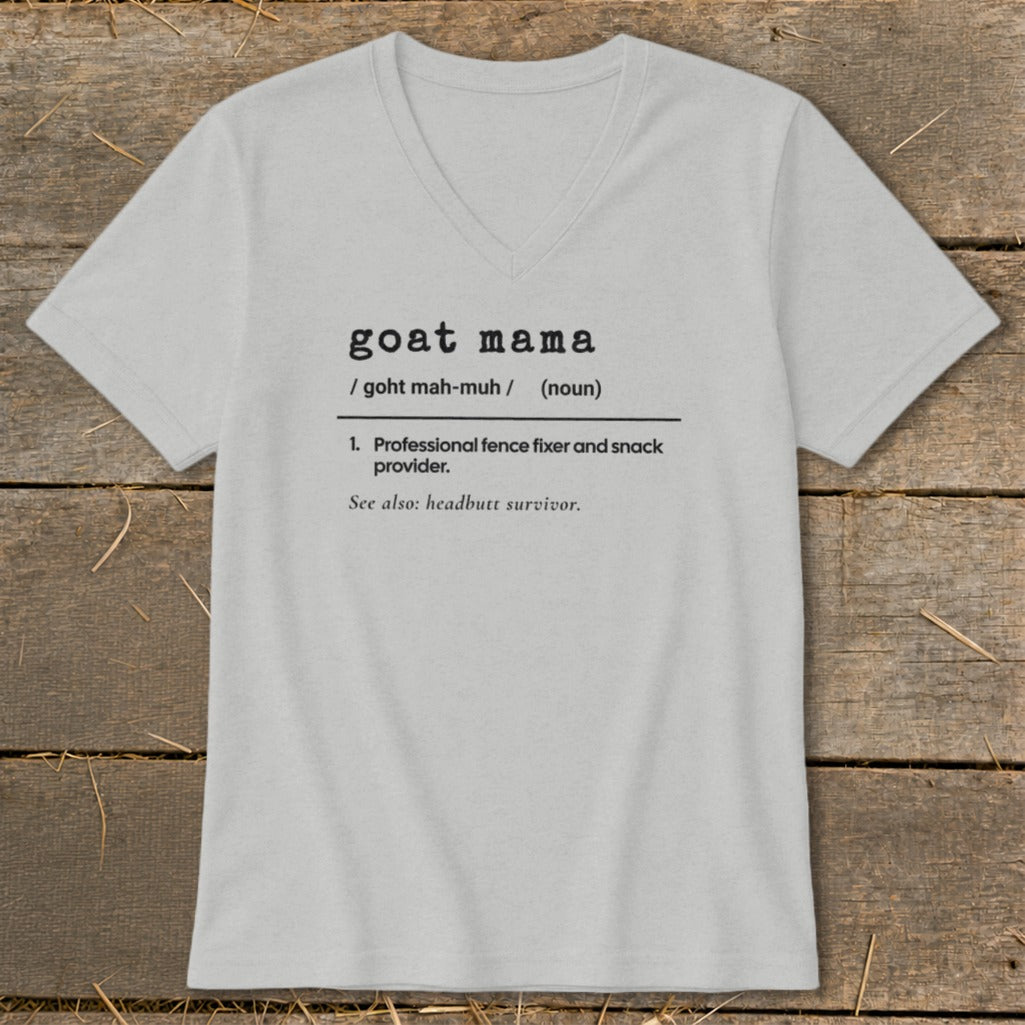 Light gray V-neck t-shirt featuring dictionary-style text that reads Goat Mama with a funny definition.
