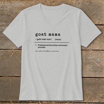 Light gray V-neck t-shirt featuring dictionary-style text that reads Goat Mama with a funny definition.
