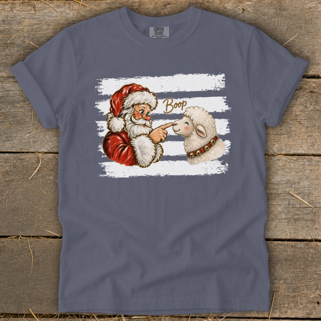 Santa booping a sheep with "Boop" text on a distressed striped background.