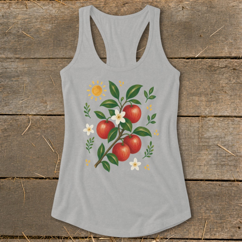 Grey tank top with illustration of a branch with red apples, white flowers, and a sun.