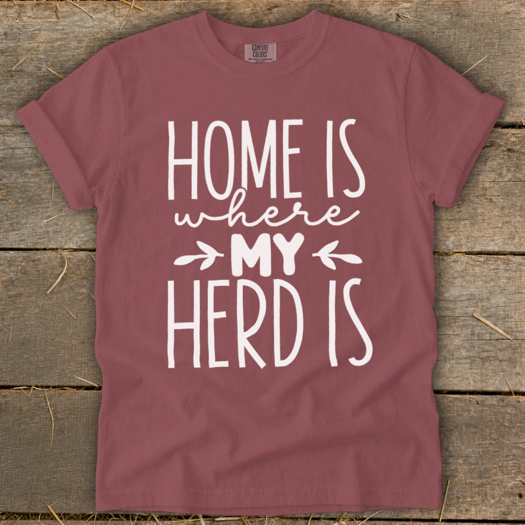 Maroon t-shirt with white text "HOME IS where MY HERD IS".