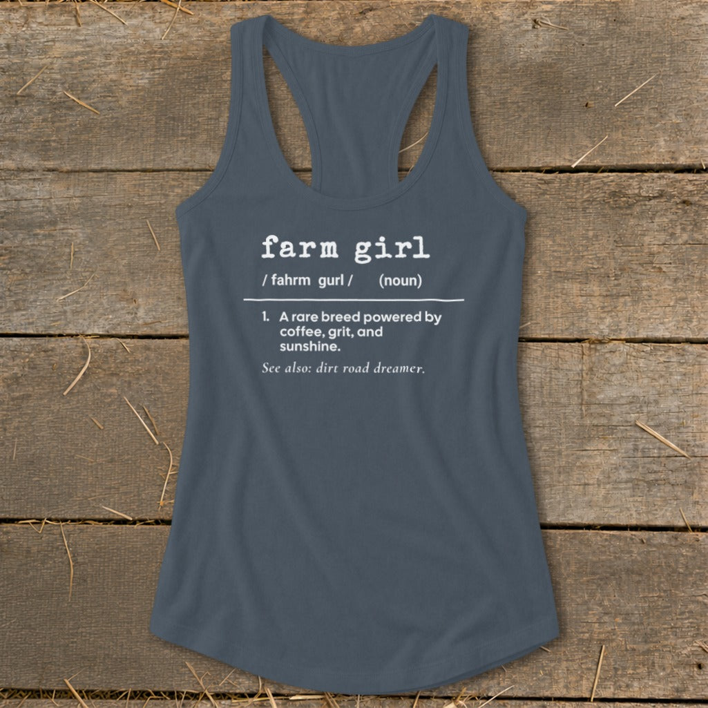 Grey tank top with "farm girl" definition: a rare breed powered by coffee, grit, and sunshine.