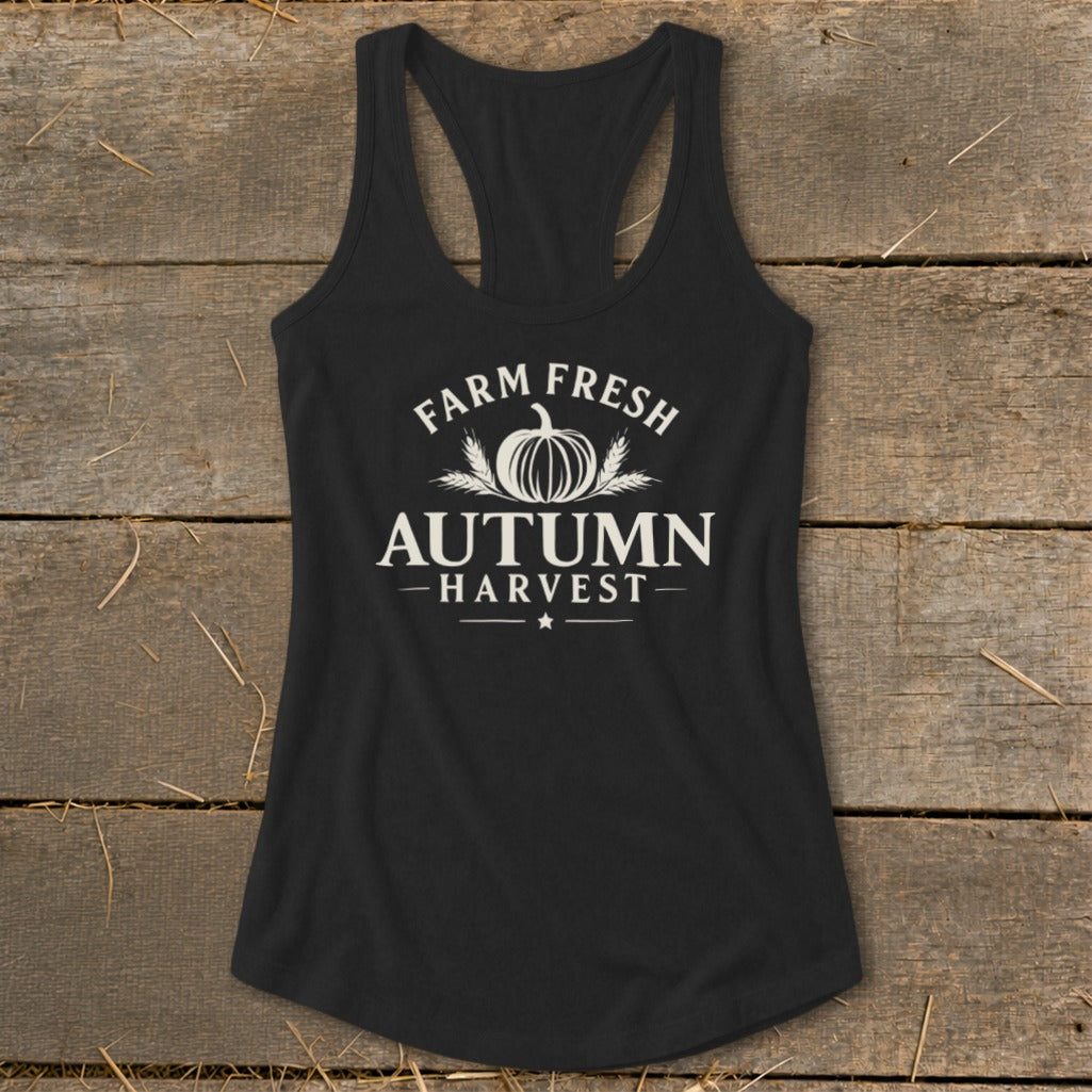 Black tank top with white "Farm Fresh Autumn Harvest" text and graphics.