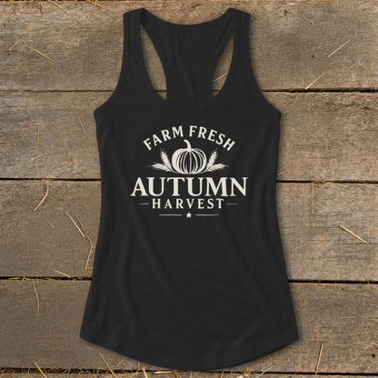 Black tank top with white "Farm Fresh Autumn Harvest" text and graphics.