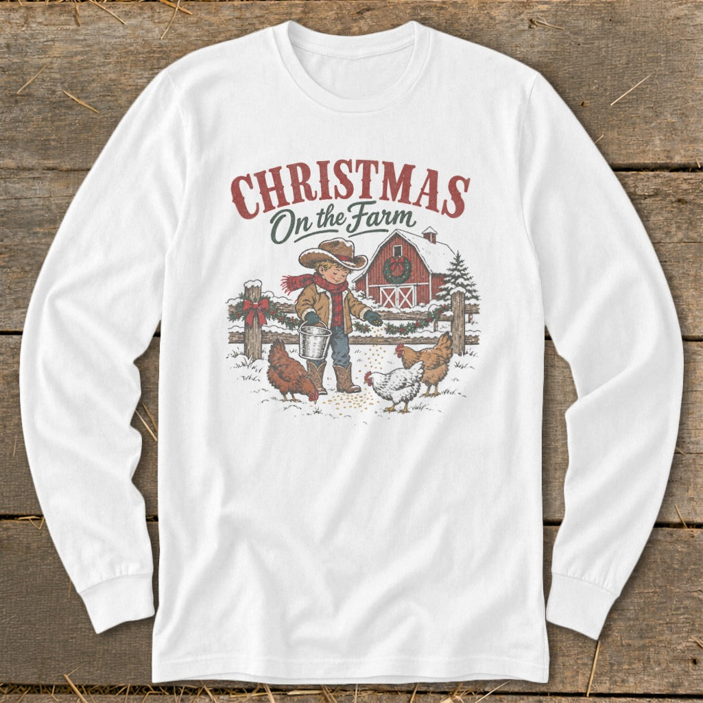 Christmas on the Farm graphic with boy feeding chickens in front of red barn.