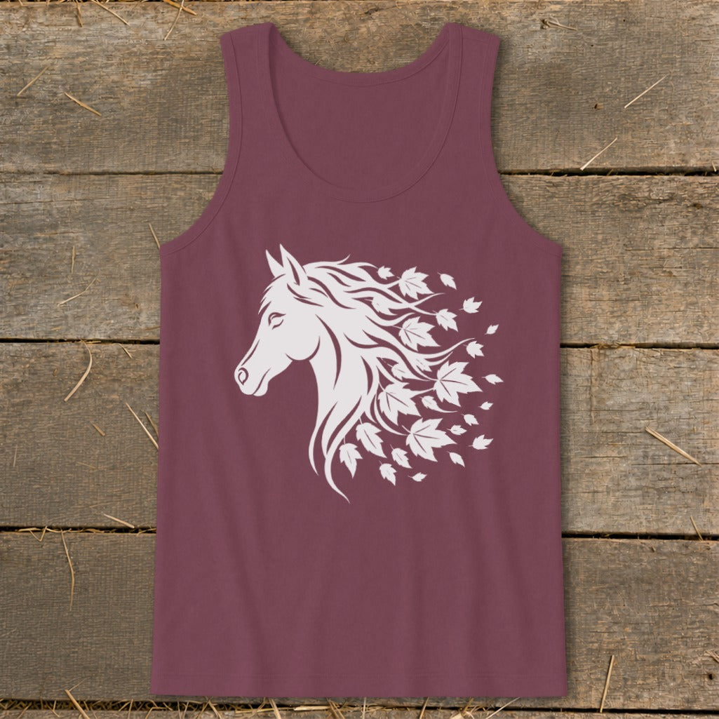 Maroon tank top with white horse head graphic and falling leaves.