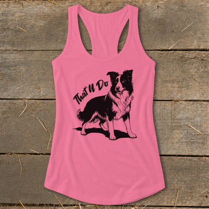 Pink tank top with black border collie graphic and text "That U Do".