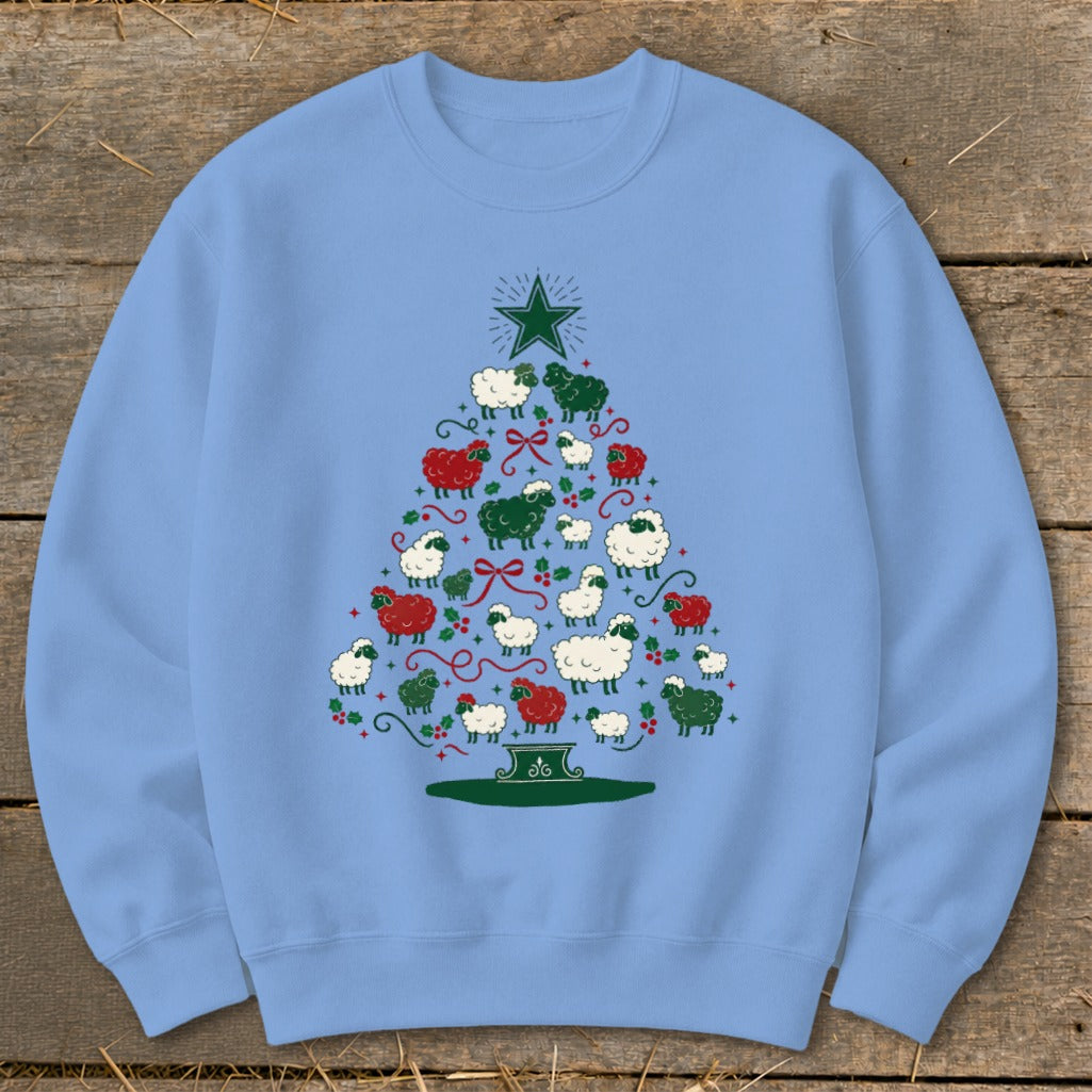 Light blue sweatshirt with a Christmas tree made of sheep in red, white, and green.