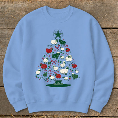 Light blue sweatshirt with a Christmas tree made of sheep in red, white, and green.
