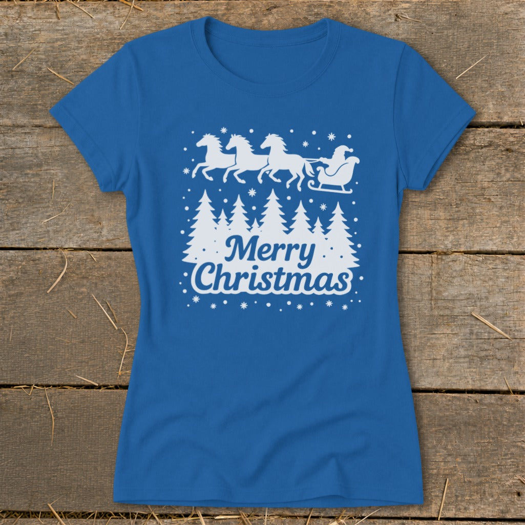 Blue t-shirt with white Merry Christmas design featuring horses, sleigh, Santa, and trees.
