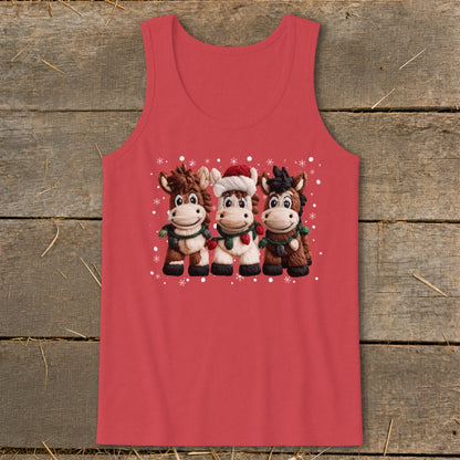 Three cartoon horses wearing Christmas lights and a Santa hat on a red tank top.