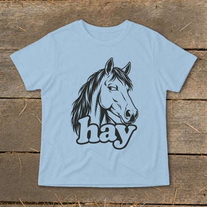 Light blue t-shirt with black graphic of a horse's head and the word "hay".