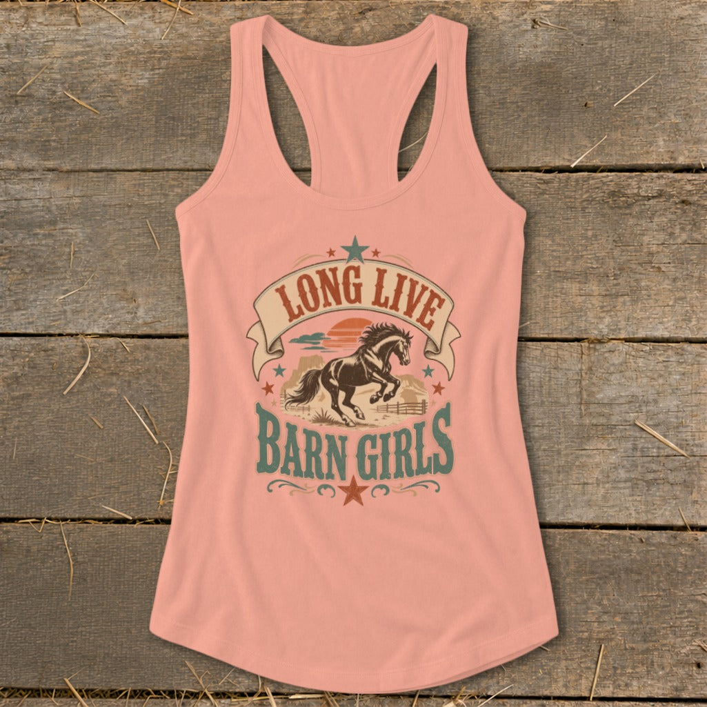 Peach tank top with "Long Live Barn Girls" text and a horse graphic.