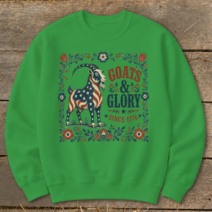 Green sweatshirt with a goat patterned with American flag, text "Goats & Glory Since 1776".