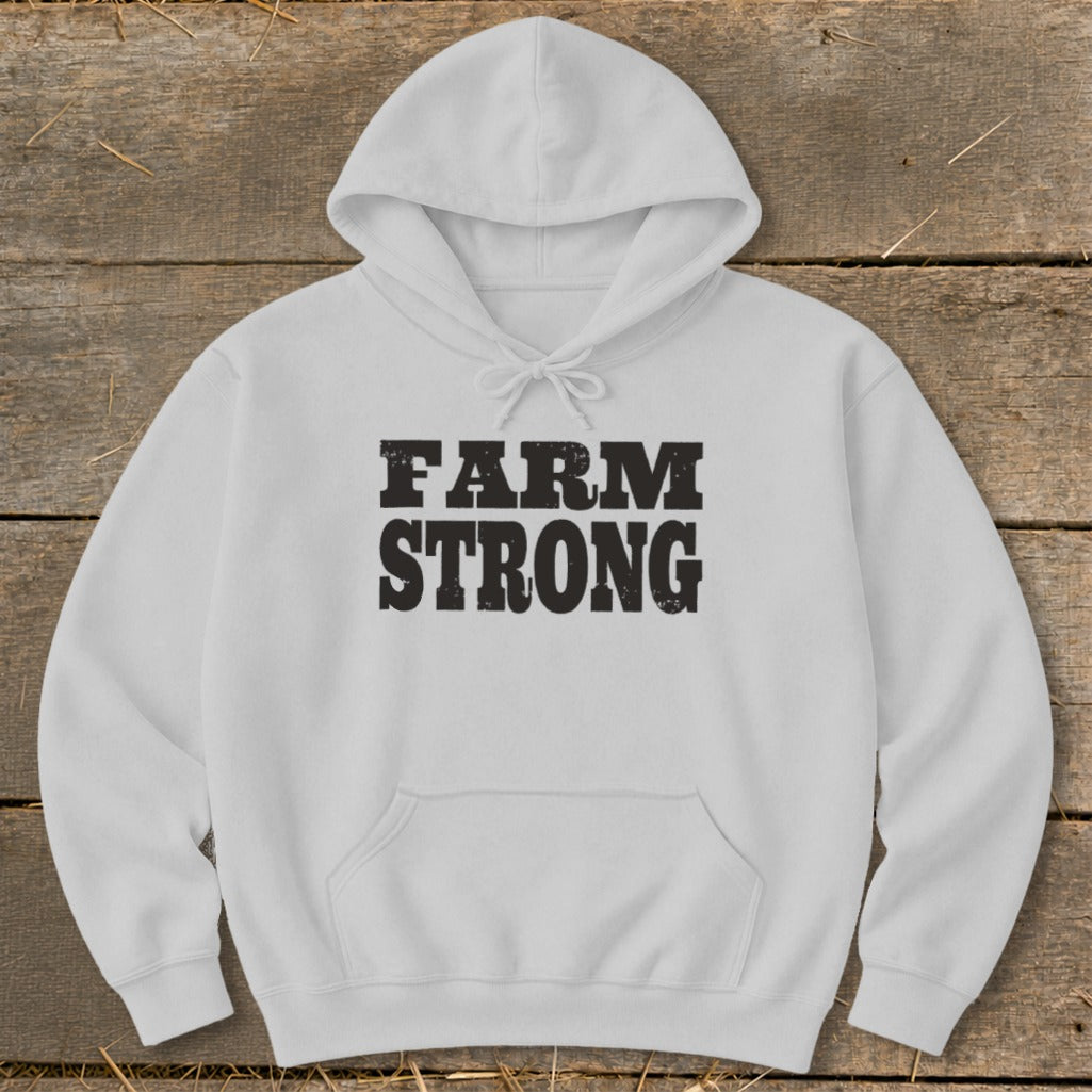 Light gray hooded sweatshirt with the black text FARM STRONG displayed across the chest.