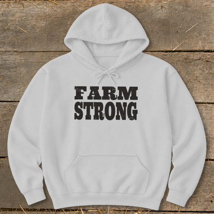 Light gray hooded sweatshirt with the black text FARM STRONG displayed across the chest.