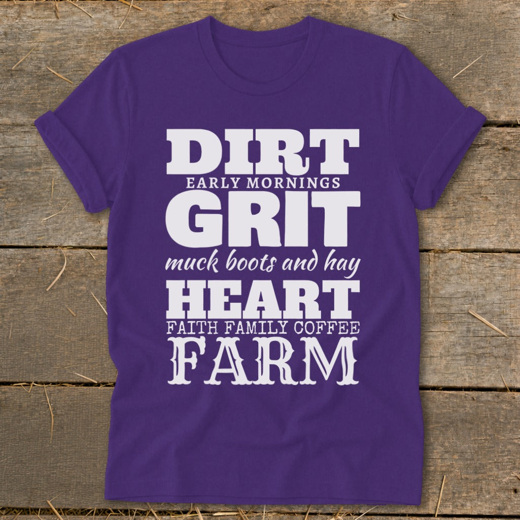 Purple t-shirt with white text: Dirt, Grit, Heart, Farm.