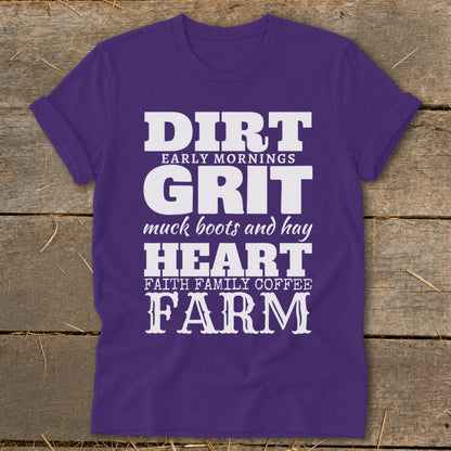 Purple t-shirt with white text: Dirt, Grit, Heart, Farm.