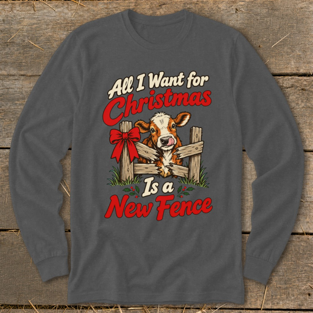 Cow behind fence with text "All I Want for Christmas Is a New Fence"