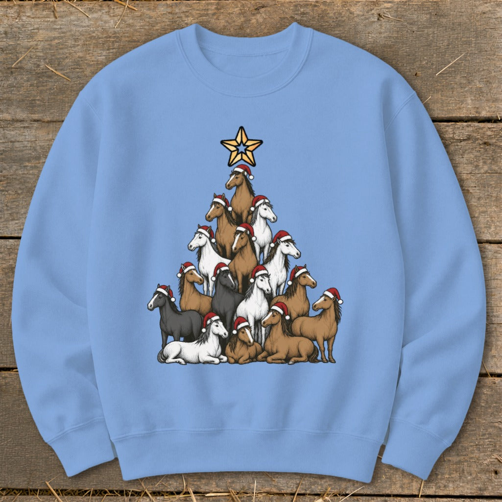 Christmas tree made of horses wearing Santa hats with a star at the top.
