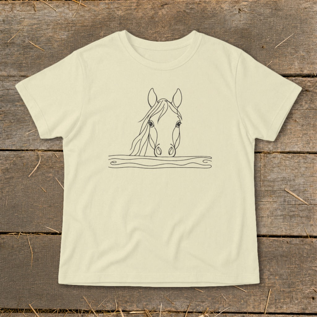 Cream t-shirt with minimalist line drawing of a horse's head above wavy lines.