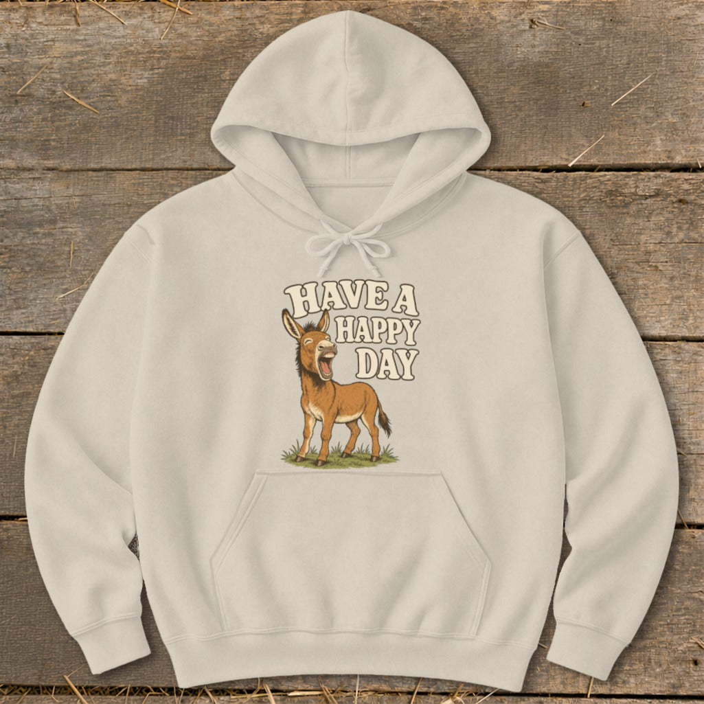 Cream hoodie with a cartoon donkey and "Have a Happy Day" text.