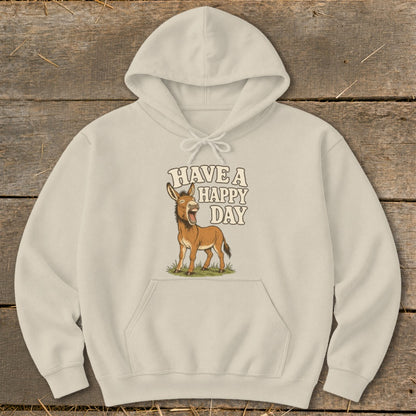 Cream hoodie with a cartoon donkey and "Have a Happy Day" text.