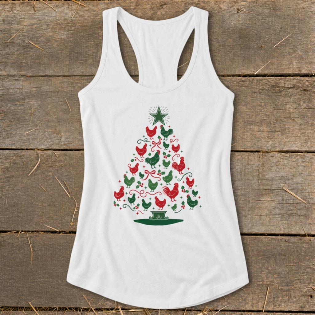 White tank top with a Christmas tree pattern of red and green chickens.