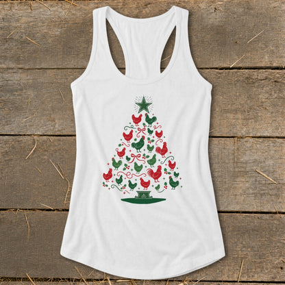 White tank top with a Christmas tree pattern of red and green chickens.