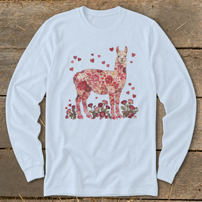 Light blue long-sleeved shirt featuring a floral llama surrounded by hearts and flowers.