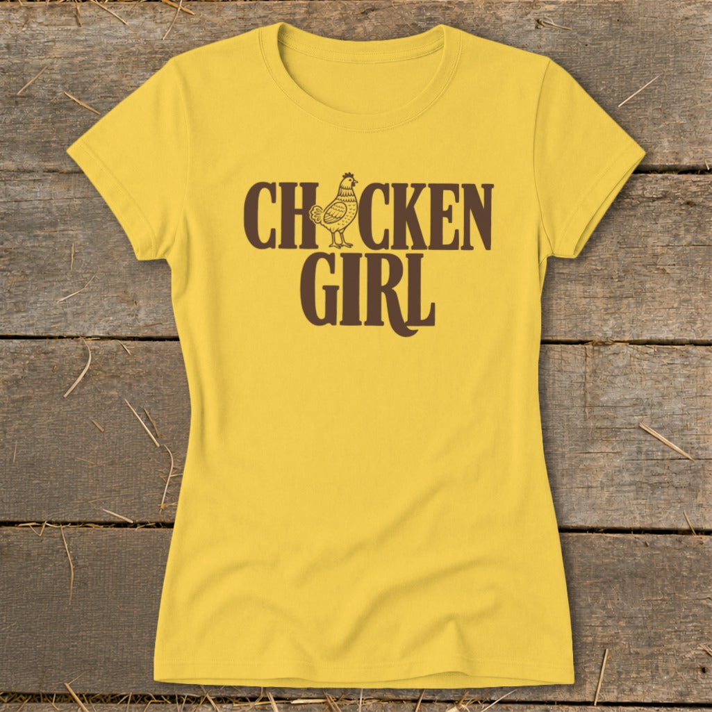 Yellow t-shirt with "CHICKEN GIRL" text and a chicken graphic.