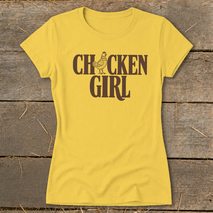 Yellow t-shirt with "CHICKEN GIRL" text and a chicken graphic.