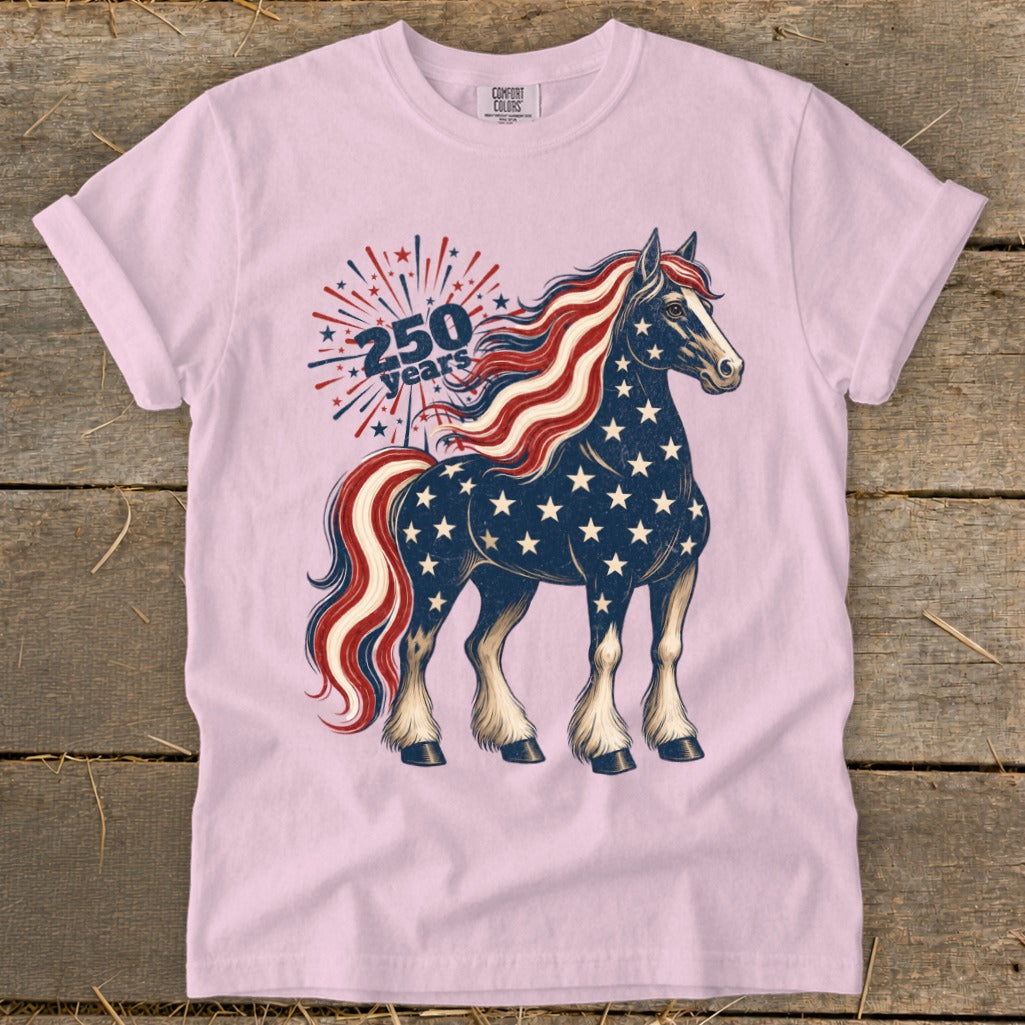 Pink t-shirt with American flag-themed horse and "250 years" text.