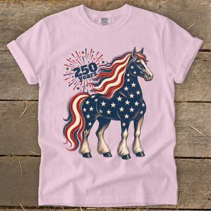Pink t-shirt with American flag-themed horse and "250 years" text.