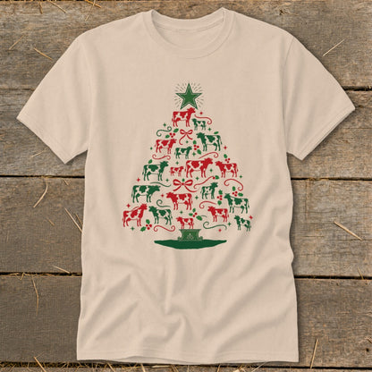 Tan t-shirt with a Christmas tree design made of red and green cows.