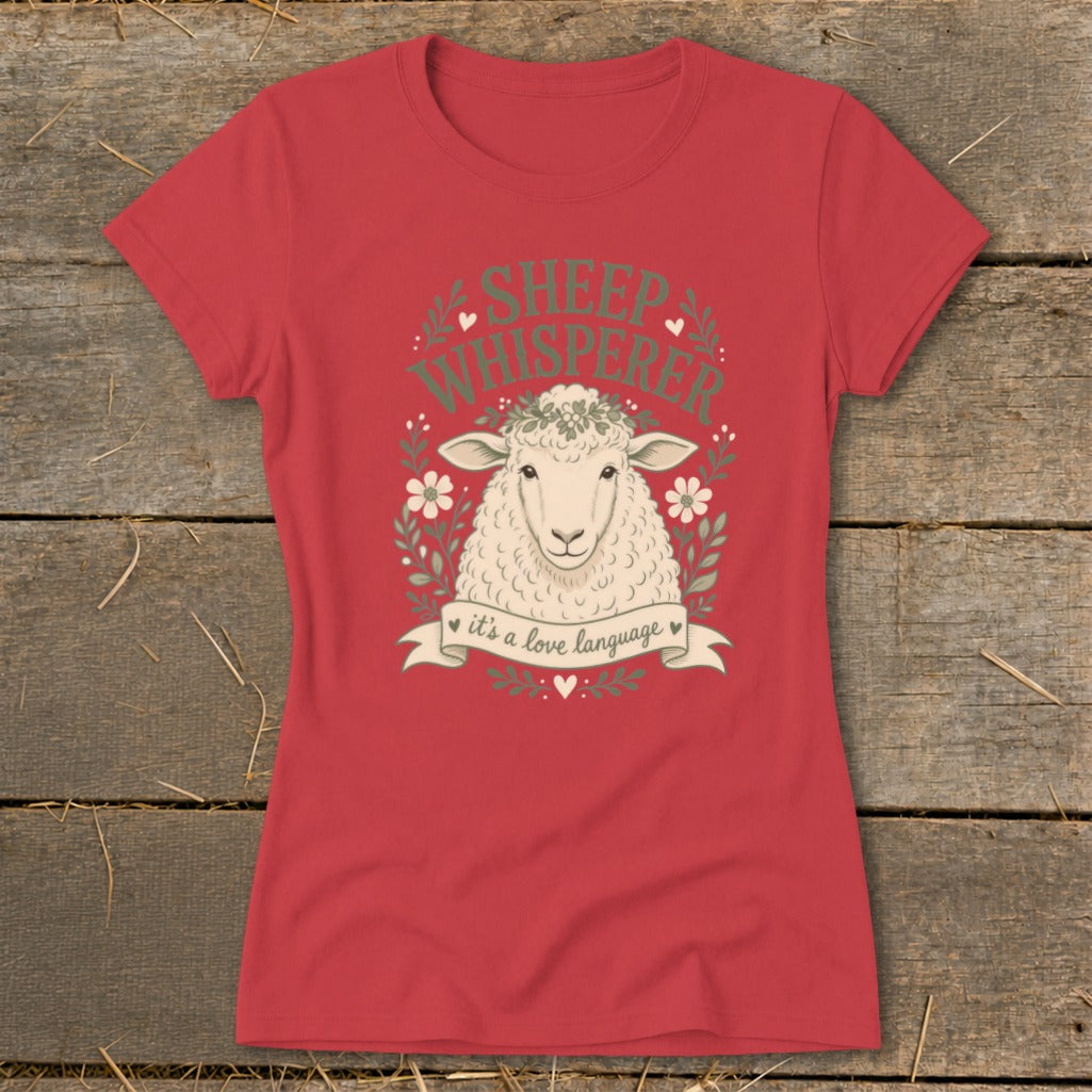 Red t-shirt with "Sheep Whisperer it's a love language" graphic and a sheep.