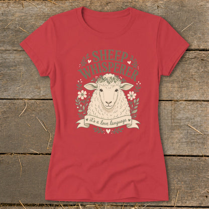 Red t-shirt with "Sheep Whisperer it's a love language" graphic and a sheep.