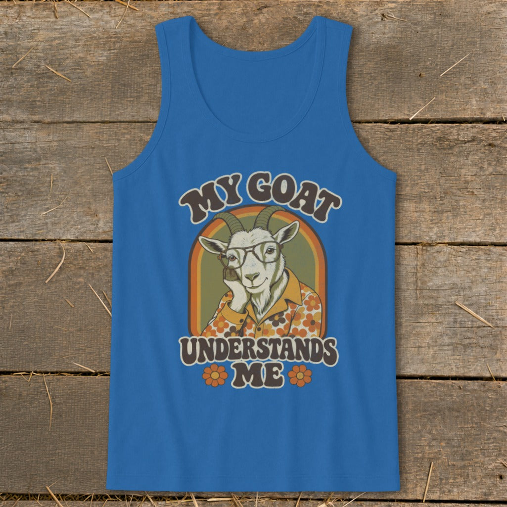 Blue tank top with a goat wearing glasses and a floral shirt, reading "My Goat Understands Me."