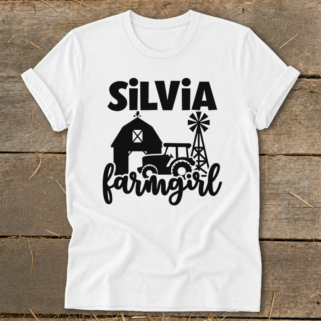 White t-shirt with black "SILVIA farmgirl" text and farm imagery.