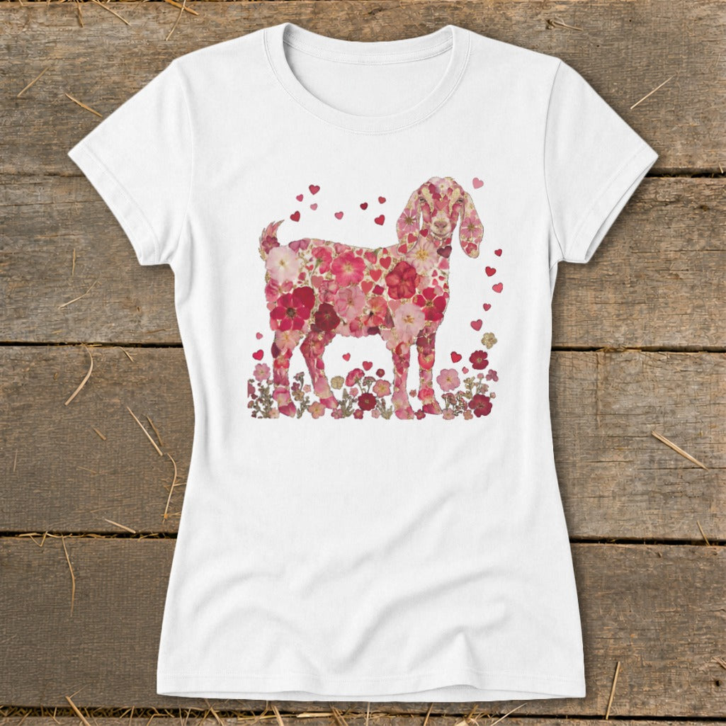 White t-shirt with a goat illustration made of pink flowers and hearts.