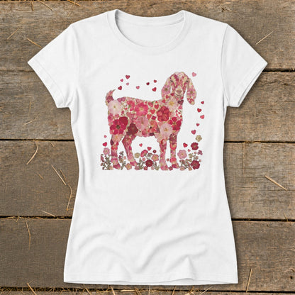 White t-shirt with a goat illustration made of pink flowers and hearts.