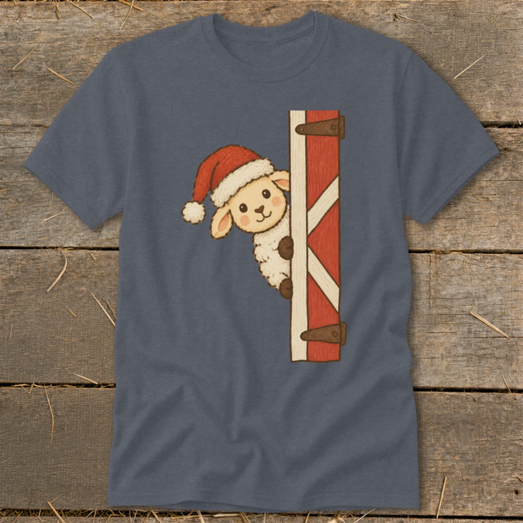 Cartoon sheep in a Santa hat peeking from behind a red barn door.