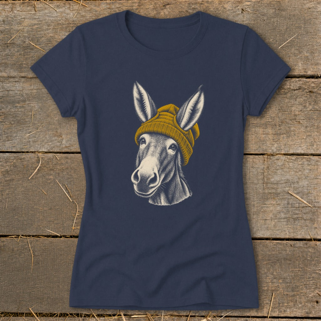 Navy t-shirt with a sketch of a donkey wearing a yellow beanie.