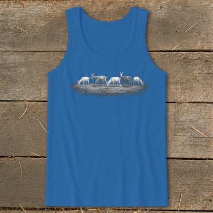 Blue tank top with a graphic of five goats grazing on grass.