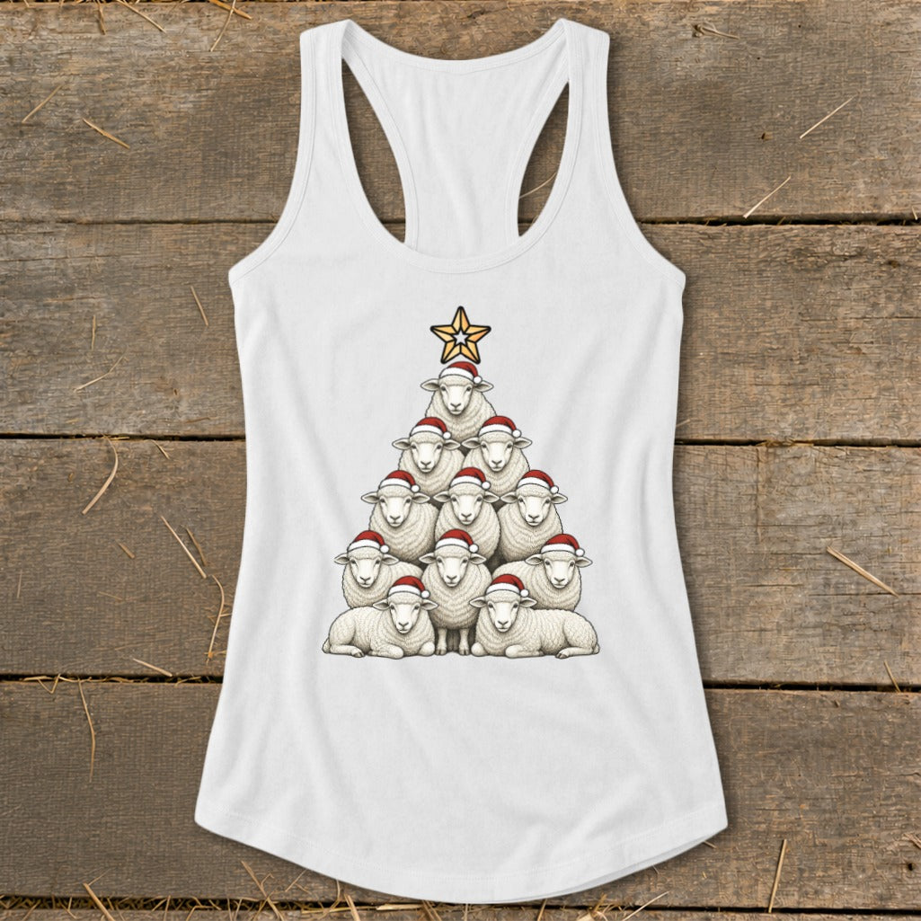 White tank top with a Christmas tree made of sheep wearing Santa hats.